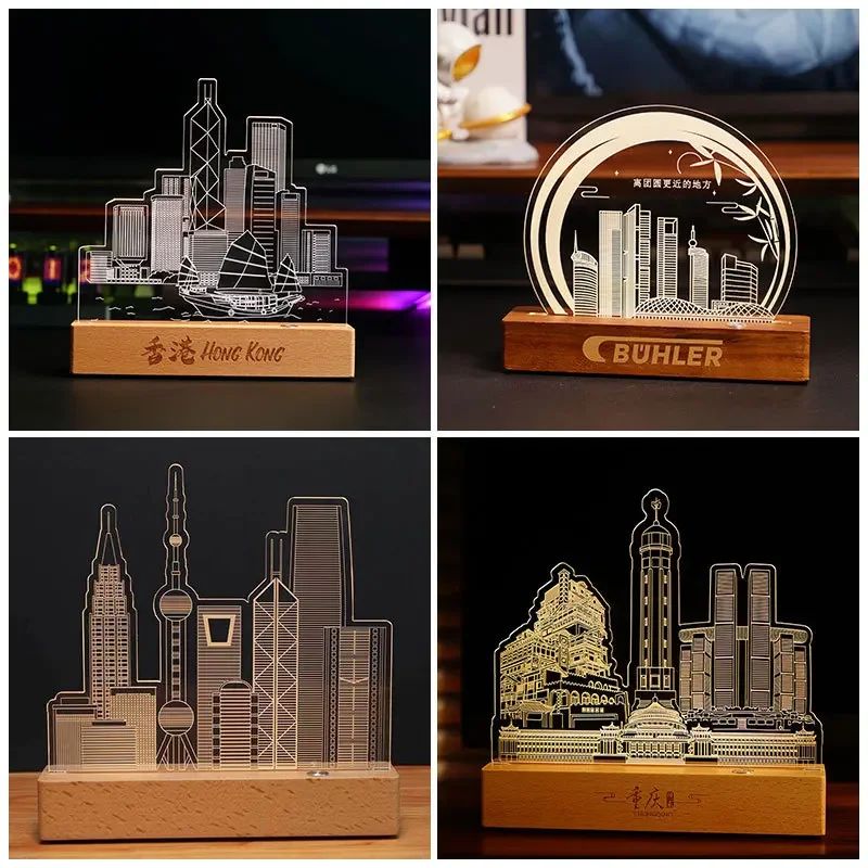 Factory Custom Logo Architectural Graduation Gifts Corporate Gift Lights 3D Acrylic Wood Night Light