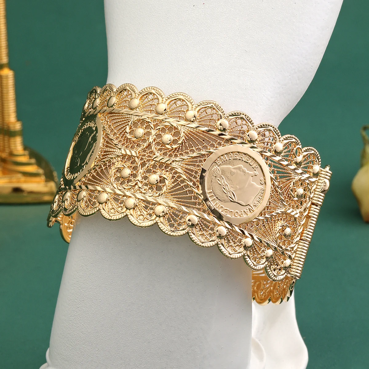 Algerian Bride Wedding jewelry Gold Color Bracelet for Women traditional festival cuff Bangles Coin Caftan Bijoux Flower gift