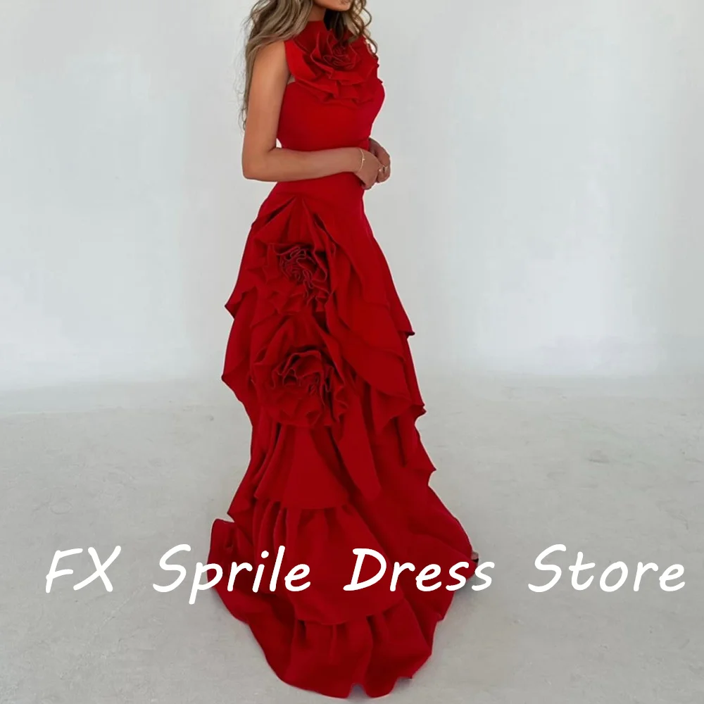 Red Strapless One Shoulder Ruffles 3D Flowers Jersey Mermaid Floor Length Sleeveless Exquisite Evening Party Dress Woman