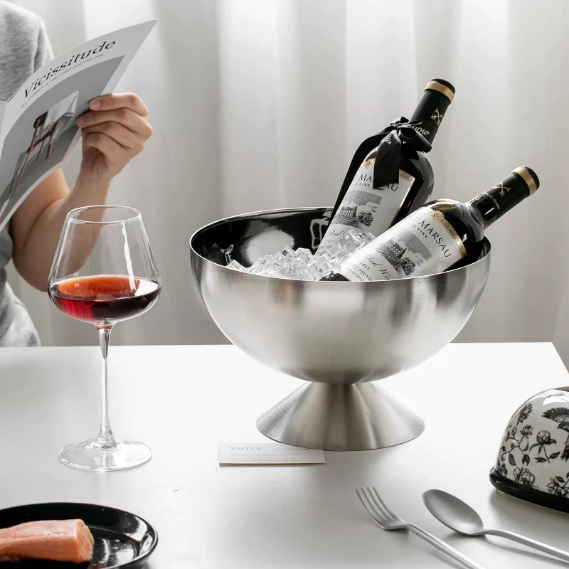 Stainless Steel Champagne Bucket Large Capacity Ice Bucket Bar Beer Chiller Cooler Insulated High Foot Wine Bucket for Wedding