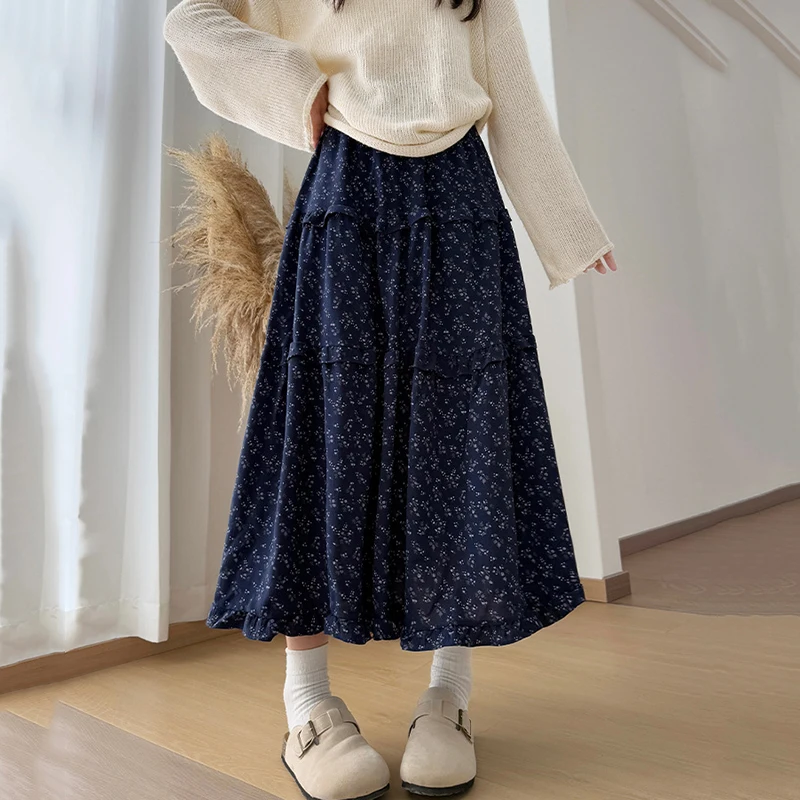 

Korean Style Printed Long Skirts Women Spring Autumn High Waist A Line Skirts Woman Vintage Patchwork Umbrella Skirt Female