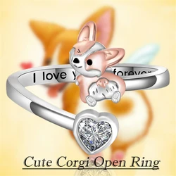 1Pc Cute Corgi Shining Artificial Crystal Open Ring Exquisite Women's Dog Jewelry Accessories Perfect Gift for Dog Lovers
