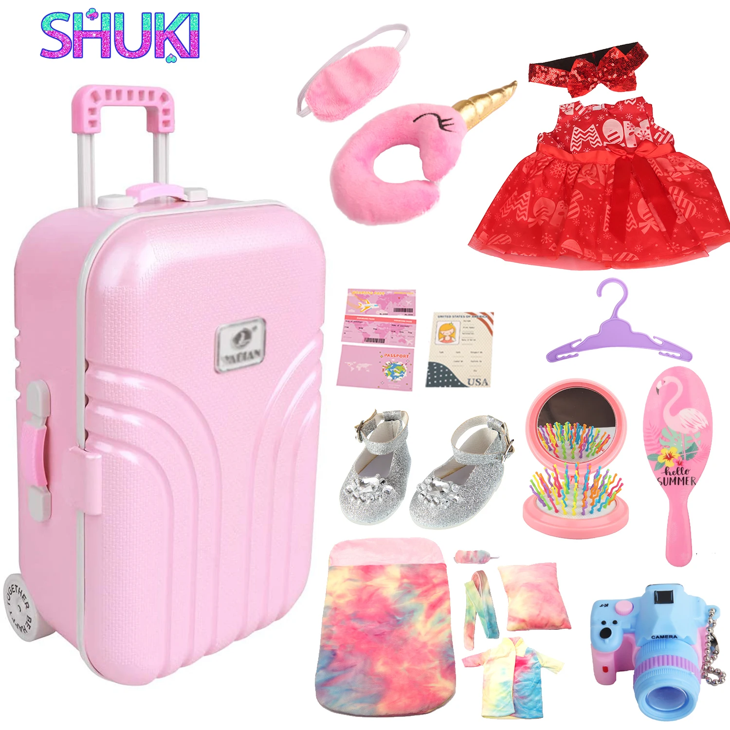 

A Pack Doll Accessories Luggage Compartment Set Dress Shoes Pajamas,Camera For 18 inch American&43cm Baby New Born Dolls Toy