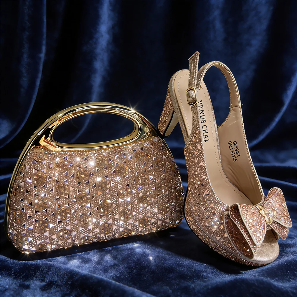 

Diamonds And Rhinestones Peep-Toe Heels & Bags Set Nigerian Party –Comfortable Elegant Women's Shoes for Elegant Events