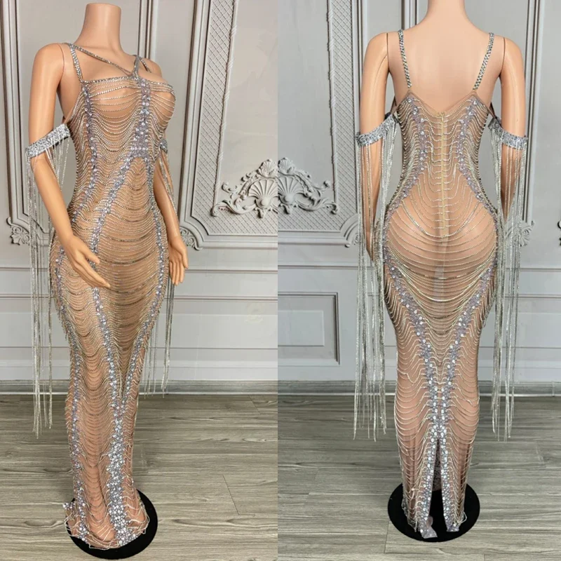 

Women Singer Party Jazz Dance Costume Full Rhinestones Fringed Chain Dress Sexy Perspective Evening Dresses Stage Outfit