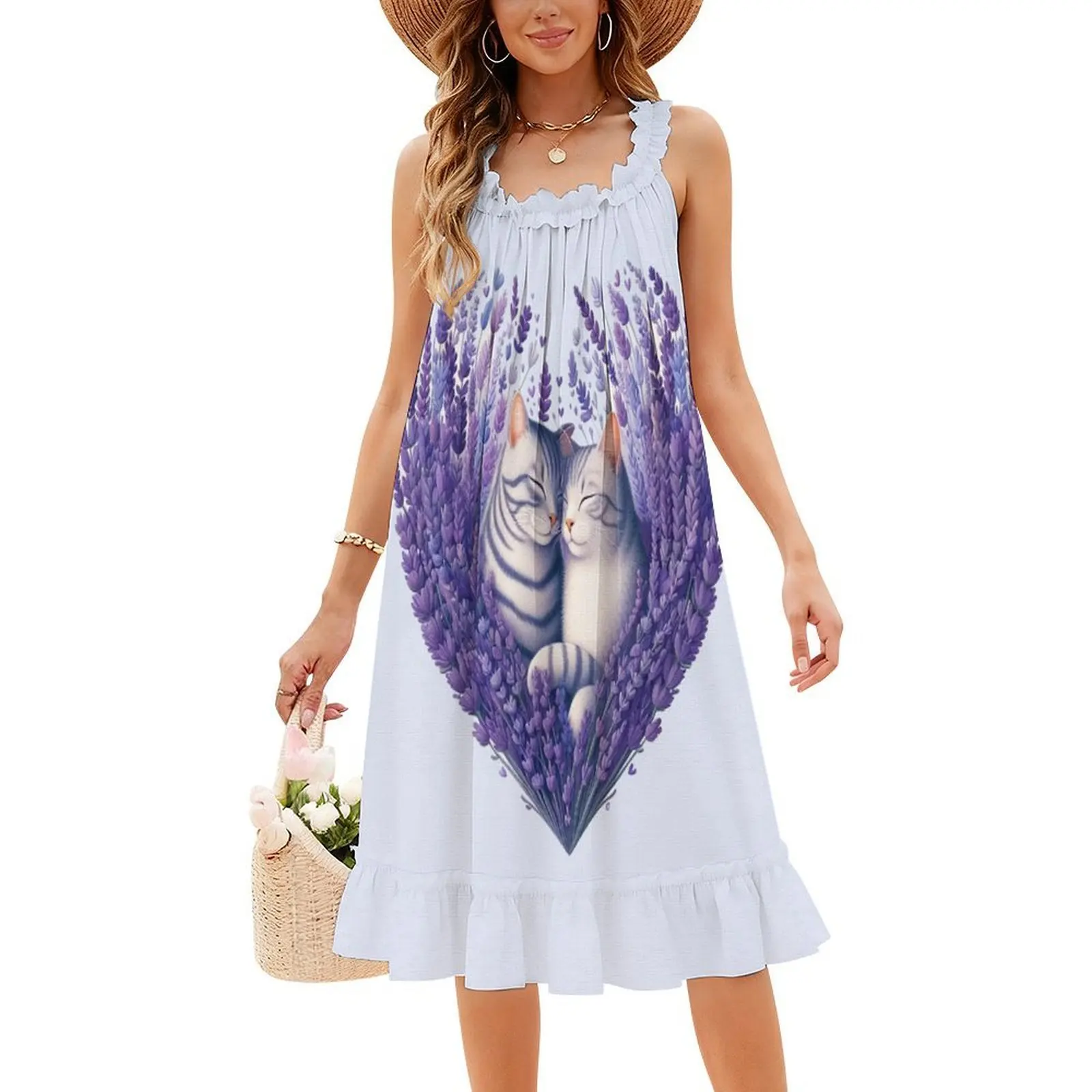 زهور اللافندر السعيدة القطط الحب قلوب رسم المرأة الشارع الشهير فستان الحفلات العصرية طباعة ملابس النادي للإناث #4