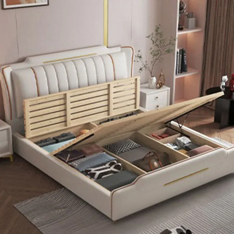 

Shelves Glamorous Double Bed Waterproof Luxury Edges Full Size Twin Bed Frame Storage Wood Design Letto Matrimoniale Furniture