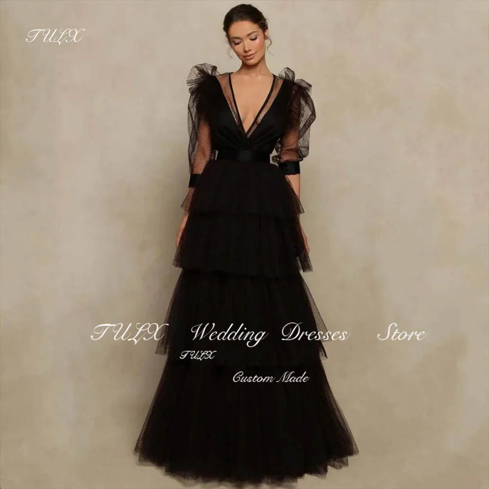 

TULX Black Multilaye Evening Dress Sexy Puffy Sleeve Prom Dress 2023 Sexy A-line Party Dress Pleats Formal Occasion Dresses