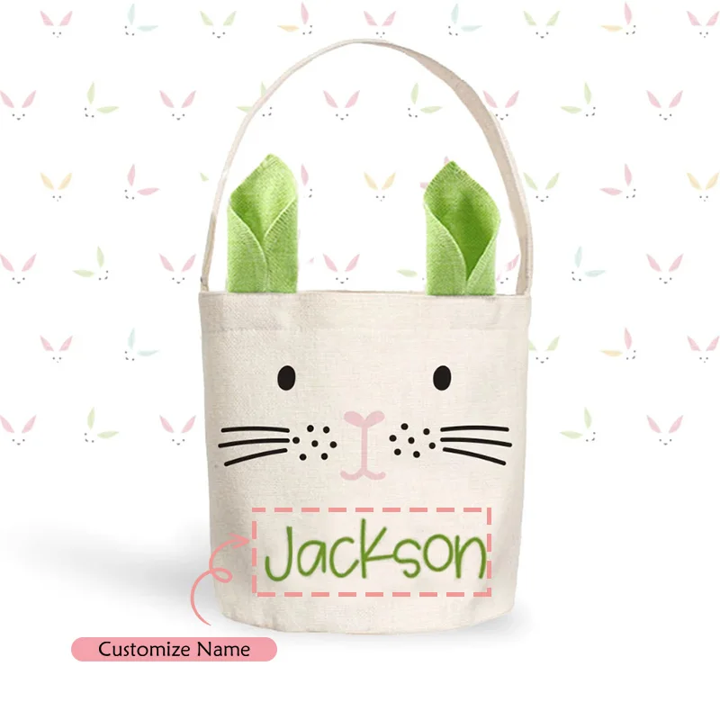 Personalized Pink Blue or Green Easter Rabbit Ear Basket Custom Kids Girls Boys Easter Gifts Egg Hunt Basket Festival Decoration