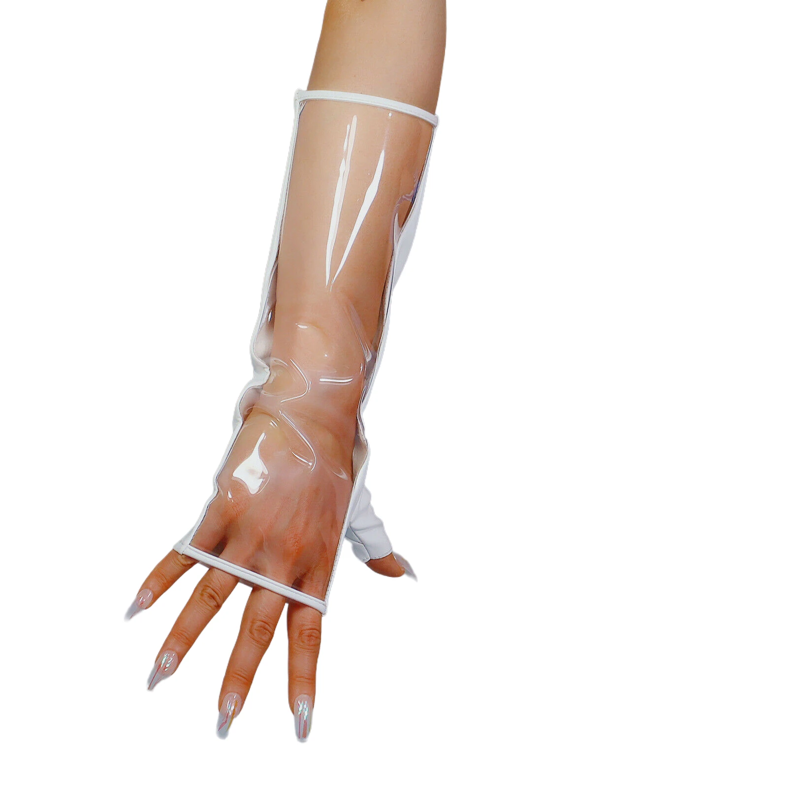 DooWay Women's PVC CLEAR Fingerless GLOVES Mitten Faux Leather PU 30cm Arm Long Halloween Costume Evening Fashion Two Tone Glove