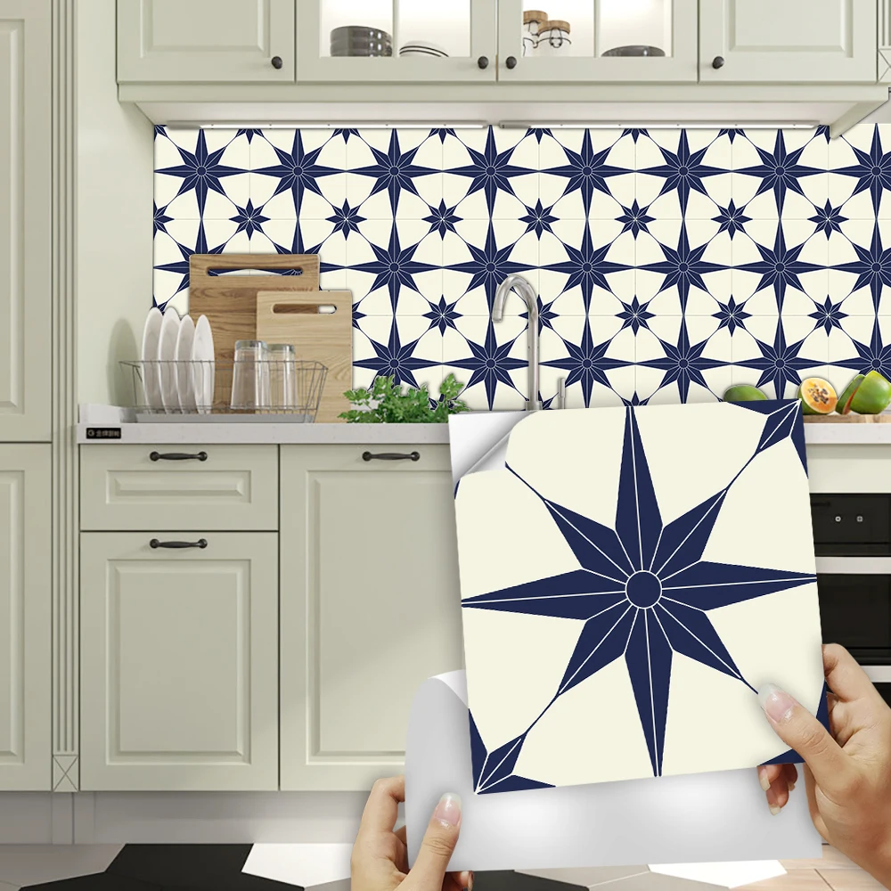 Navy Blue & Cream Color Compass Rose Tiles Floor Sticker Kitchen Bathroom Ground Home Decor Wear-resistant Waterproof Wall Decal