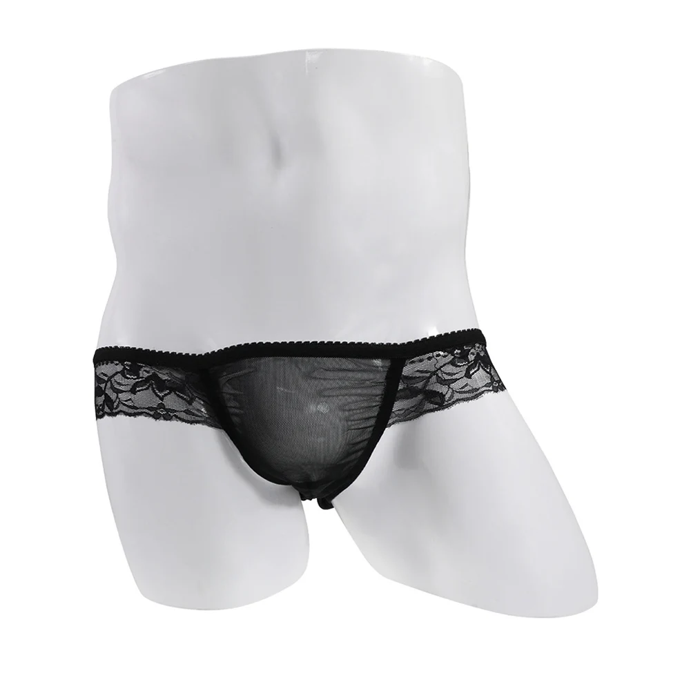 Men Sexy Elastic Waist Lace Sheer Lingerie Male Sexy Panties Soft Low Rise Ultra-Thin U Convex Pouch Brief Mens Sexy Underwear