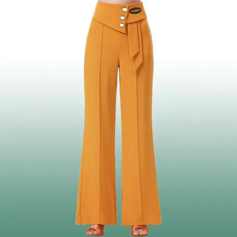 Elegant High Waist Wide Leg Dance Pants Flowy Ribbon Loose Trousers Comfortable Stretch Ballroom Latin Jitterbug Dancewear