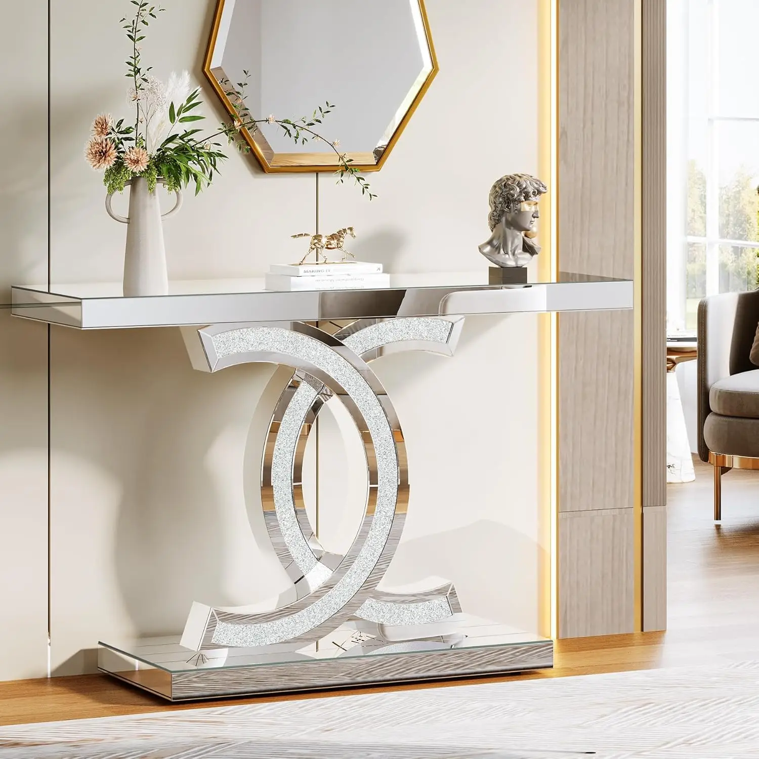 Mirrored Console Table, Modern Silver Entryway Table with Sparkling Crystal Inlays