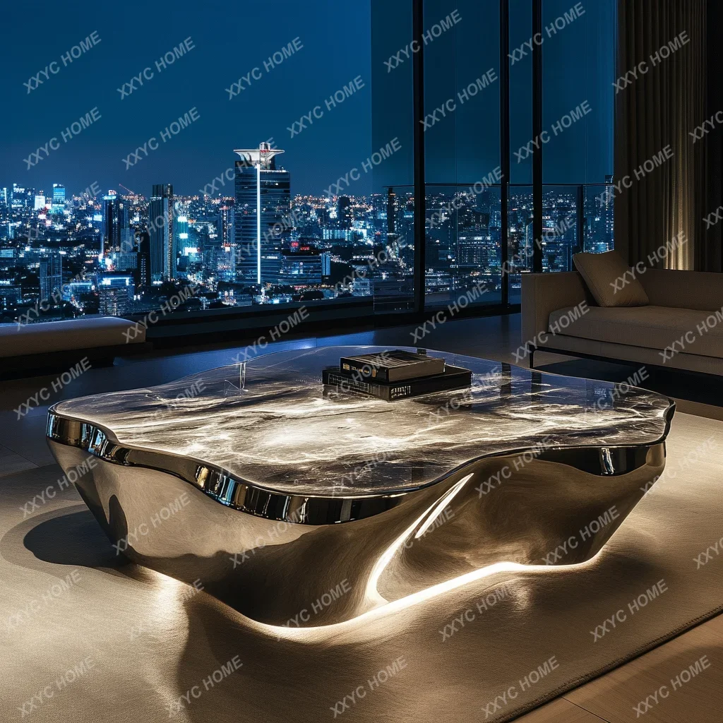 

Luminous jade special-shaped coffee table premium villa living room marble rose gold light luxury modern minimalist luxury stone