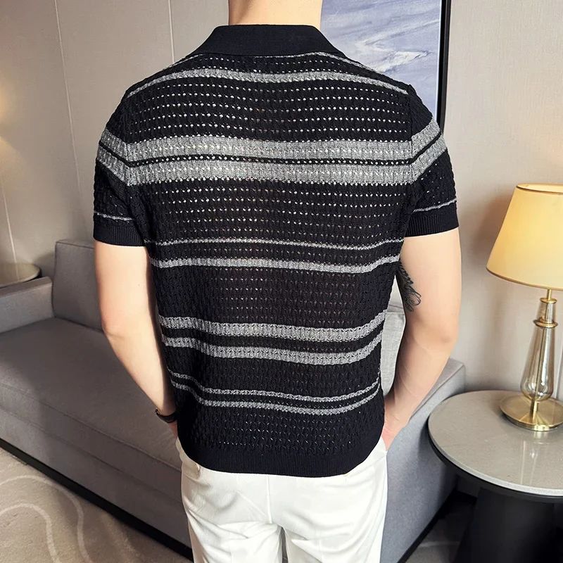 Men Knitted Polo Shirt 2024 Summer New Thin Striped Jacquard Patchwork Color Short Sleeved Casual V-neck T-shirt Men Clothing