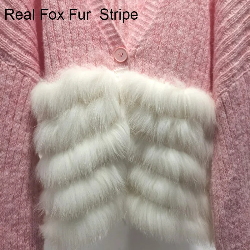 Women Autumn Plus Size Real Fox Fur Cardigan Long Sleeve Pink Female Cardigans Sweater Outwear