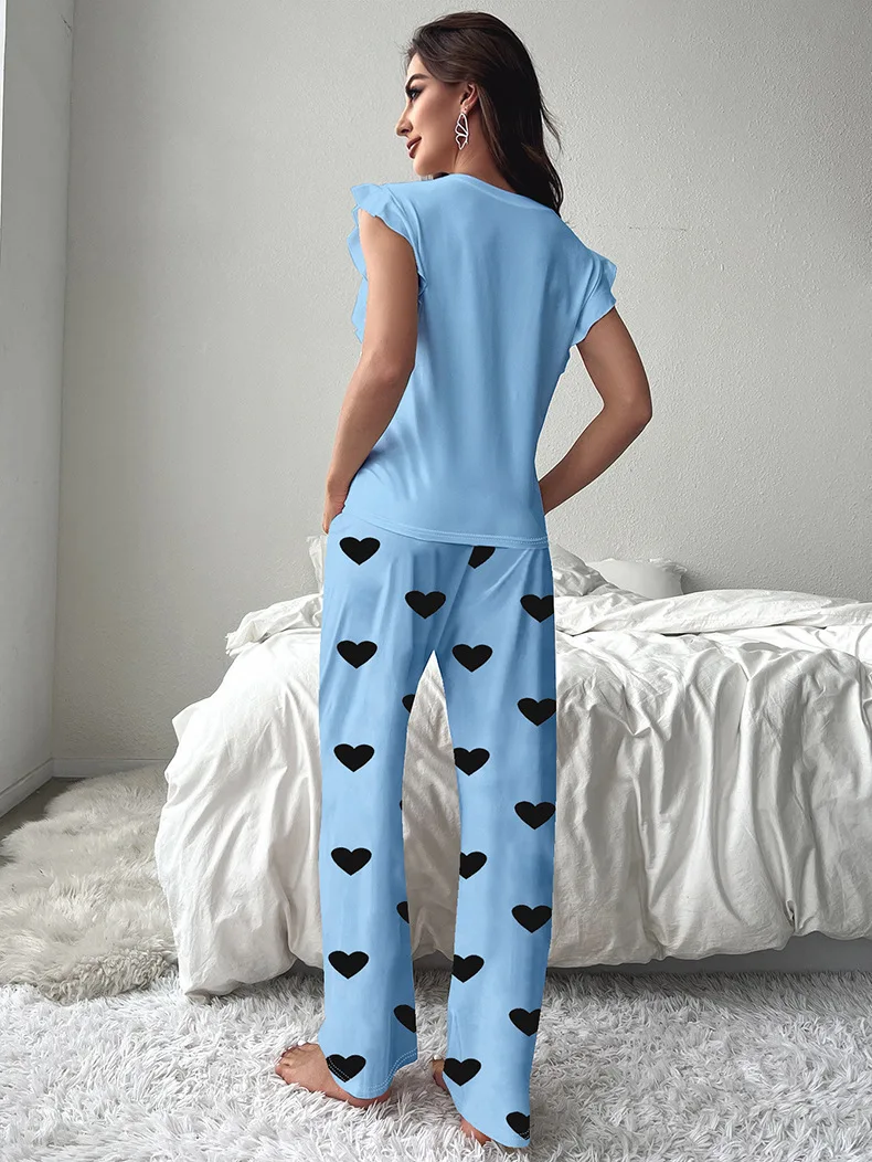 Autumn New Women's Pajamas Casual Fashion Home Clothes Love Printed Small Flying Sleeves Pants Pajamas Two Piece Set Hot Selling