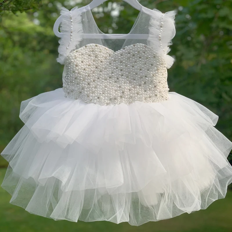 Flower Girl Dress White Tulle Puffy Tiered Pearls Top Sleeveless For Wedding Birthday Party First Communion Gowns