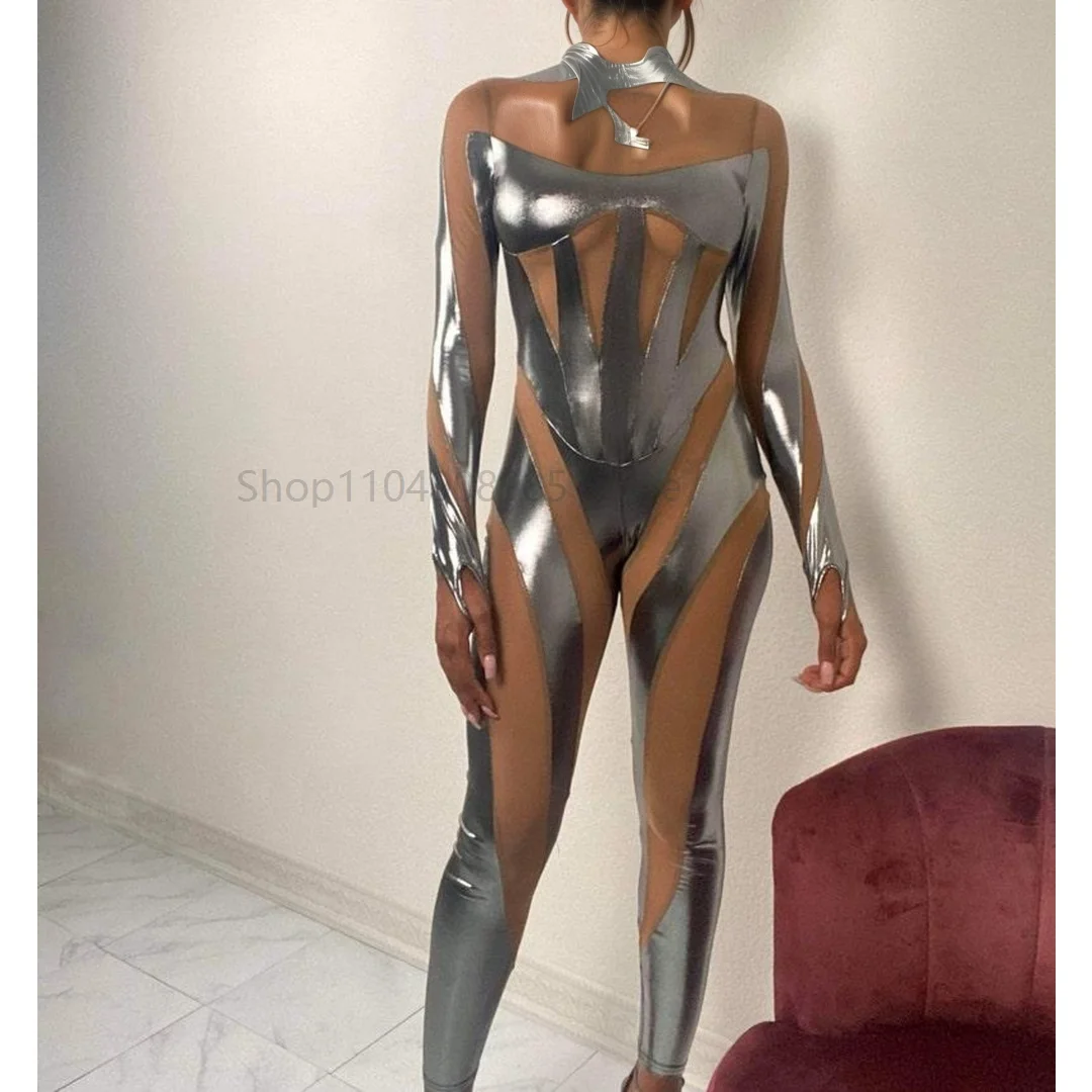 

Halloween 2025 Women Game Movie Tight Jumpsuit Alien Robot Mesh Hollow Silver Strip Bodysuit Costumes Carnival
