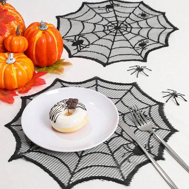 1/2/4pcs Halloween Spider Web Placemat Spider Pattern Black Mat Round Mesh Meal Mat Halloween Party Home Tabletop Decor Supplies