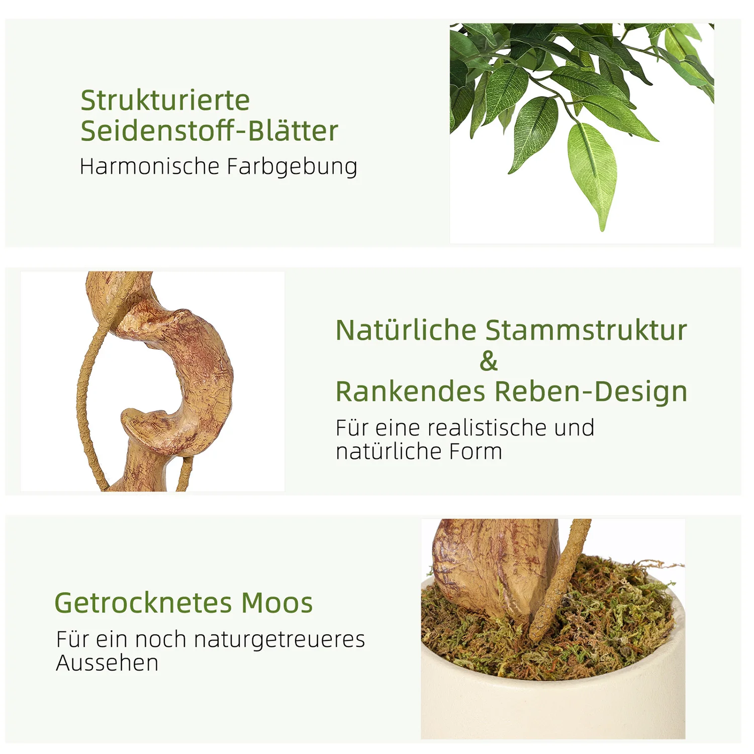 Realistischer künstlicher Ficusbaum mit gebogenem Stamm, lebensechte Kunstseidenpflanze im weißen Topf, dekoratives Innengrün für Zuhause und Büro. – Detail 10