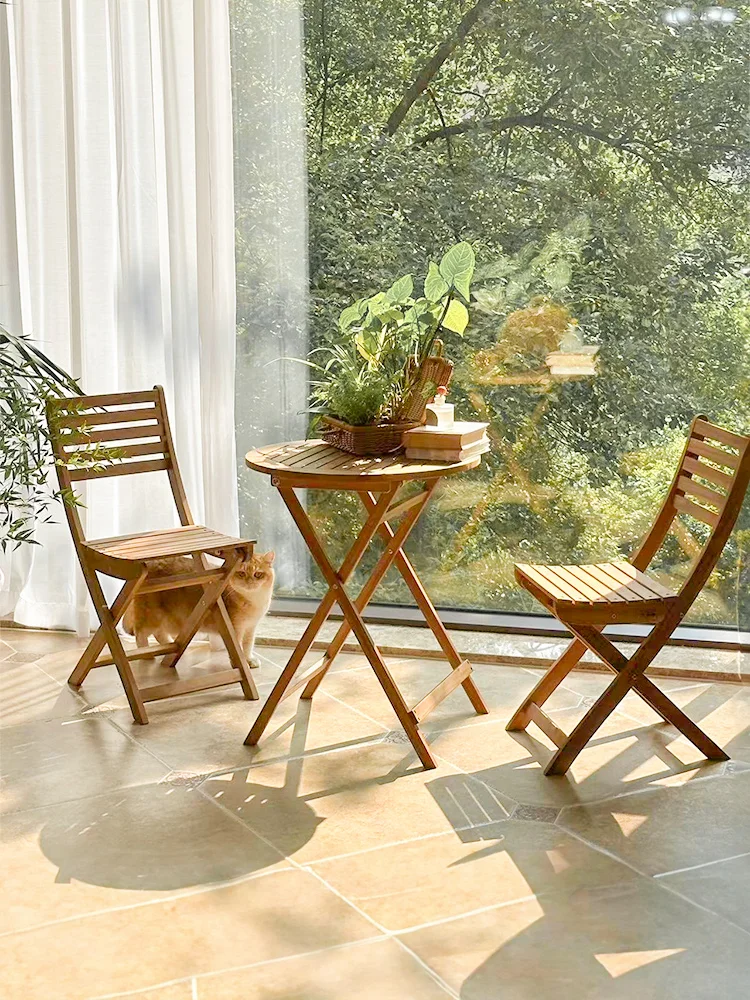 Balcony tables and chairs, leisure terrace, tea table, solid wood chair and antiseptic wood.