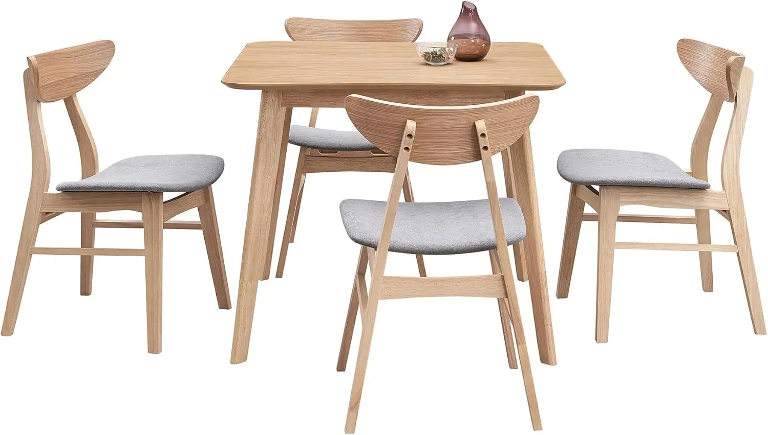 Wooden Dining Table Set With 4 Fabric Upholstered Chairs, Modern Simple Design, Space Saving, Oak