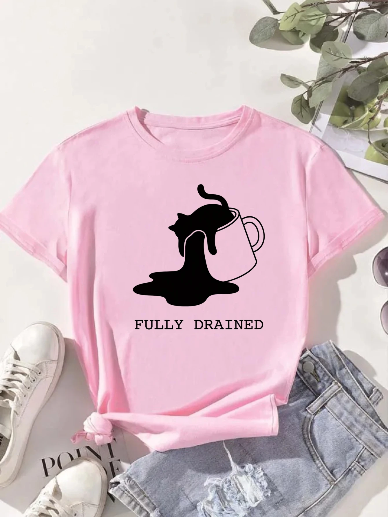 Unisex Fully Drained Cat Coffee Graphic T Shirt Minimalist Black Cat Spilled Coffee Cup Print Short Sleeve Tee Casual Streetwear