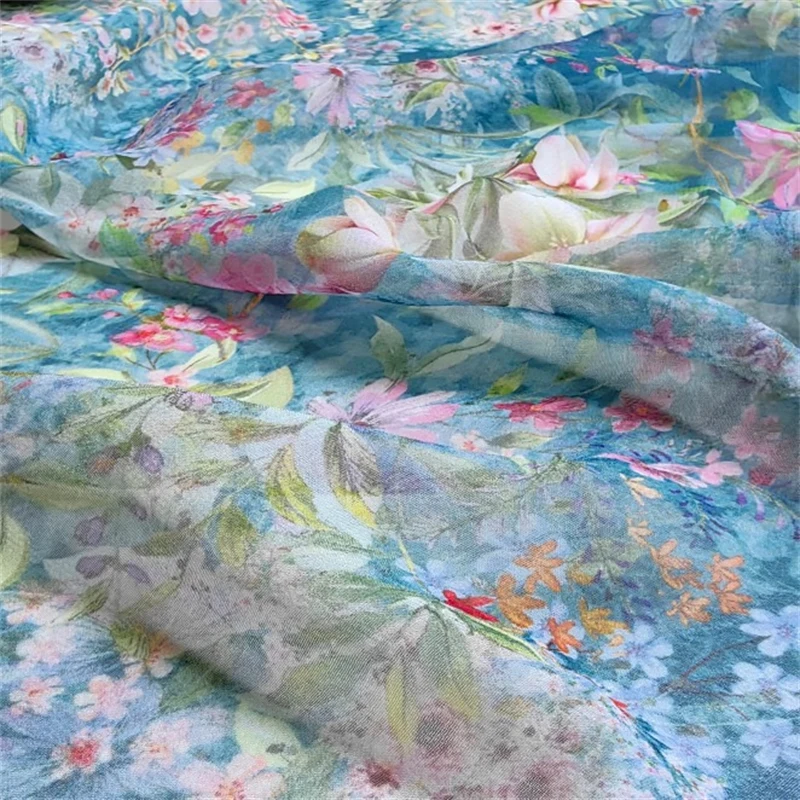 Tissu en pur mousseline de soie imprimé, Georgette, 10 Momme, bleu, fleurs Haitang, transparent, bricolage, vêtements pour femmes, été, 100%