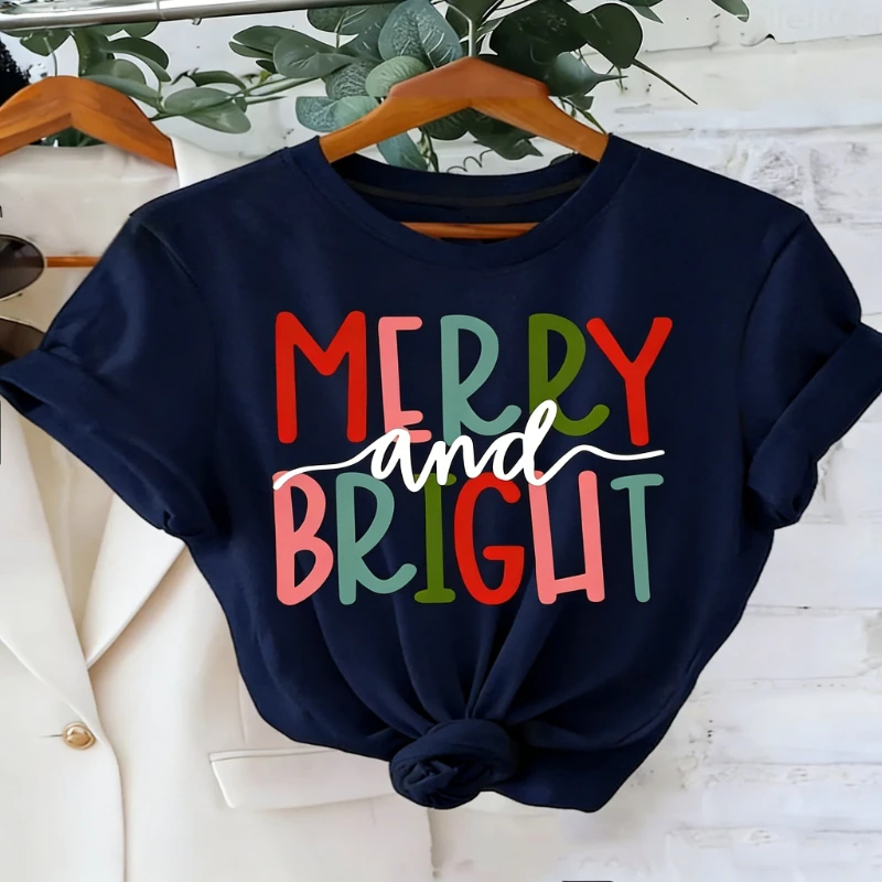 Merry and Bright Letter Print T-Shirt Sleeve Crew Neck Casual with Red Green Holiday Design Aesthetic Clothes Unisex T-shirt