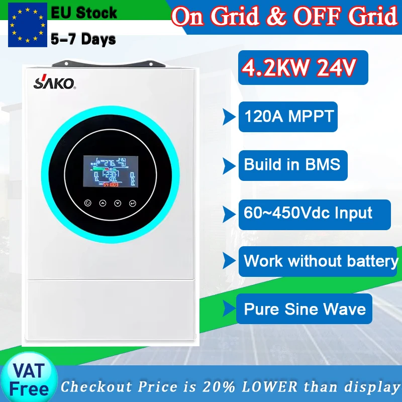 Sako 4.5KVA/4.2KW 24V To 230V Hybrid Solar Inverter,Pure Sine Wave.Work without battery,60-450vdc Pv Input,Built-in 120A MPPT