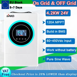 Hybrydowy falownik solarny Sako 4,5KVA/4,2KW 24V do 230V, czysta fala sinusoidalna. praca bez akumulatora, wejście Pv 60-450vdc, wbudowany 120A MPPT