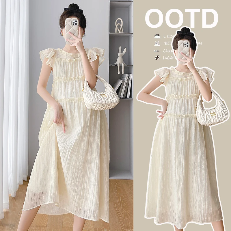 

Hollow Out Ruffle Maternity Long Dress Elegant A Line Clothes for Pregnant Women 2024 Summer Casual Pregnancy Daily Wear