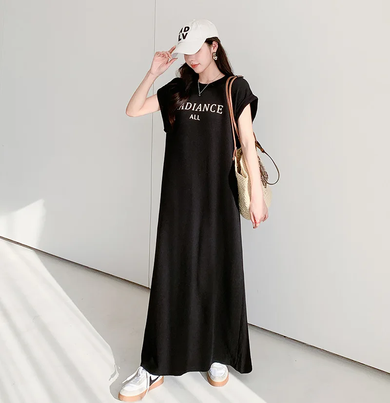 Women's Loose plus Size Short Sleeve Letter Print Dress Casual Round Neck T-Shirt Style Summer Lady's Long Dress Robe