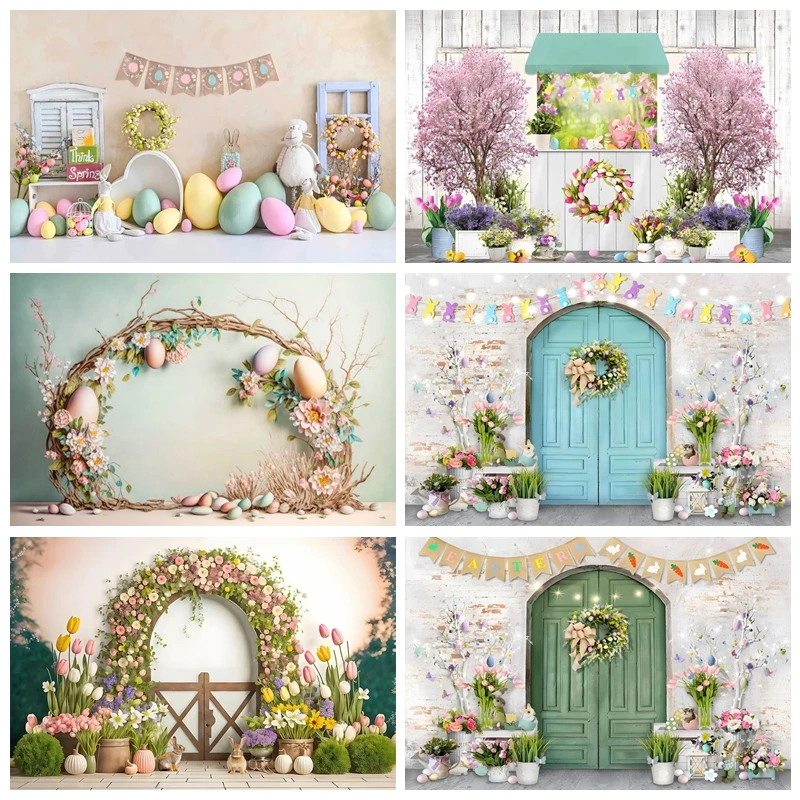 

Spring Easter Backdrop For Photography Flower House Arch Door Egg Rabbit Kids Birthday Baby Shower Background Decor Photo Props