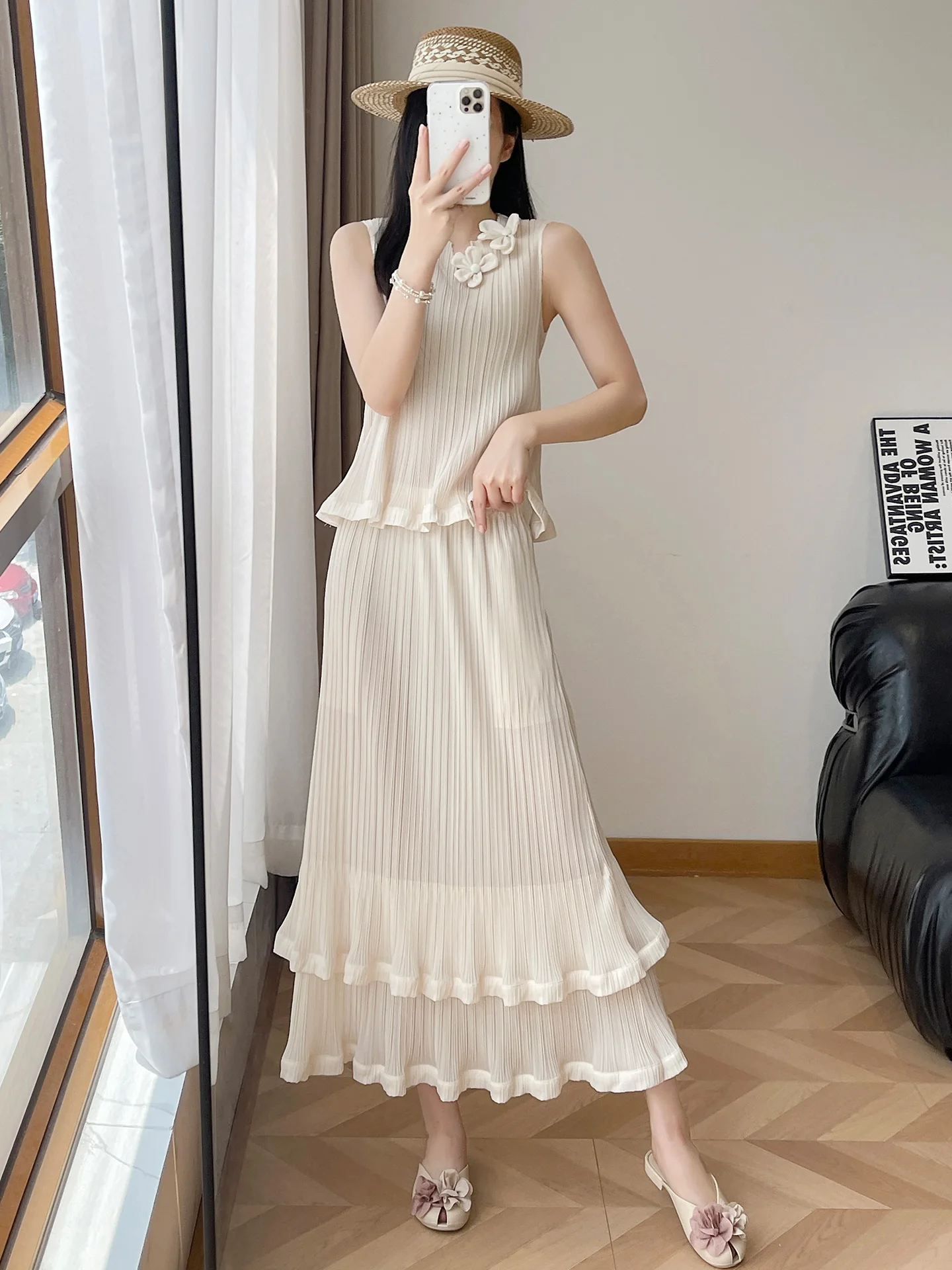 

Summer Women's Sleeveless Floral High Waist Double Layer Cake Half Skirt Two Piece Set Three Dimensional Pleats Baking Skirt