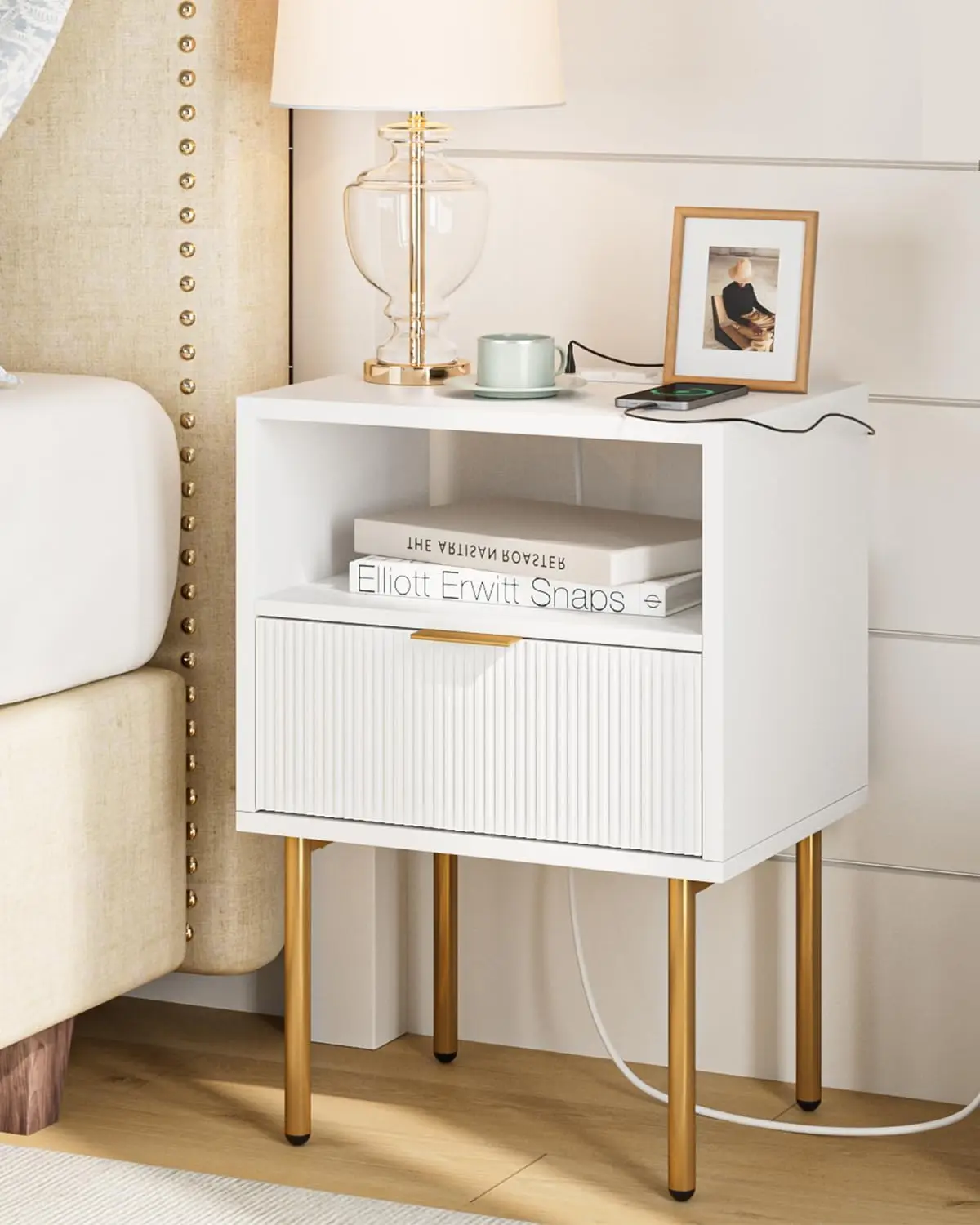 

Masupu Nightstand With Charging Station,Mid-Century Modern Bedside Table With Storage Drawer And Open Wood Shelf,Small Gold Fram