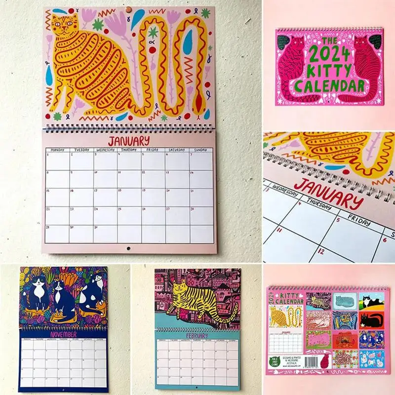 Calendario da parete per gatti 2024 calendario da parete quadrato astratto 2024 11X 8.5 pollici calendario per amante dei gatti pianificatore da 12 mesi per l'organizzazione