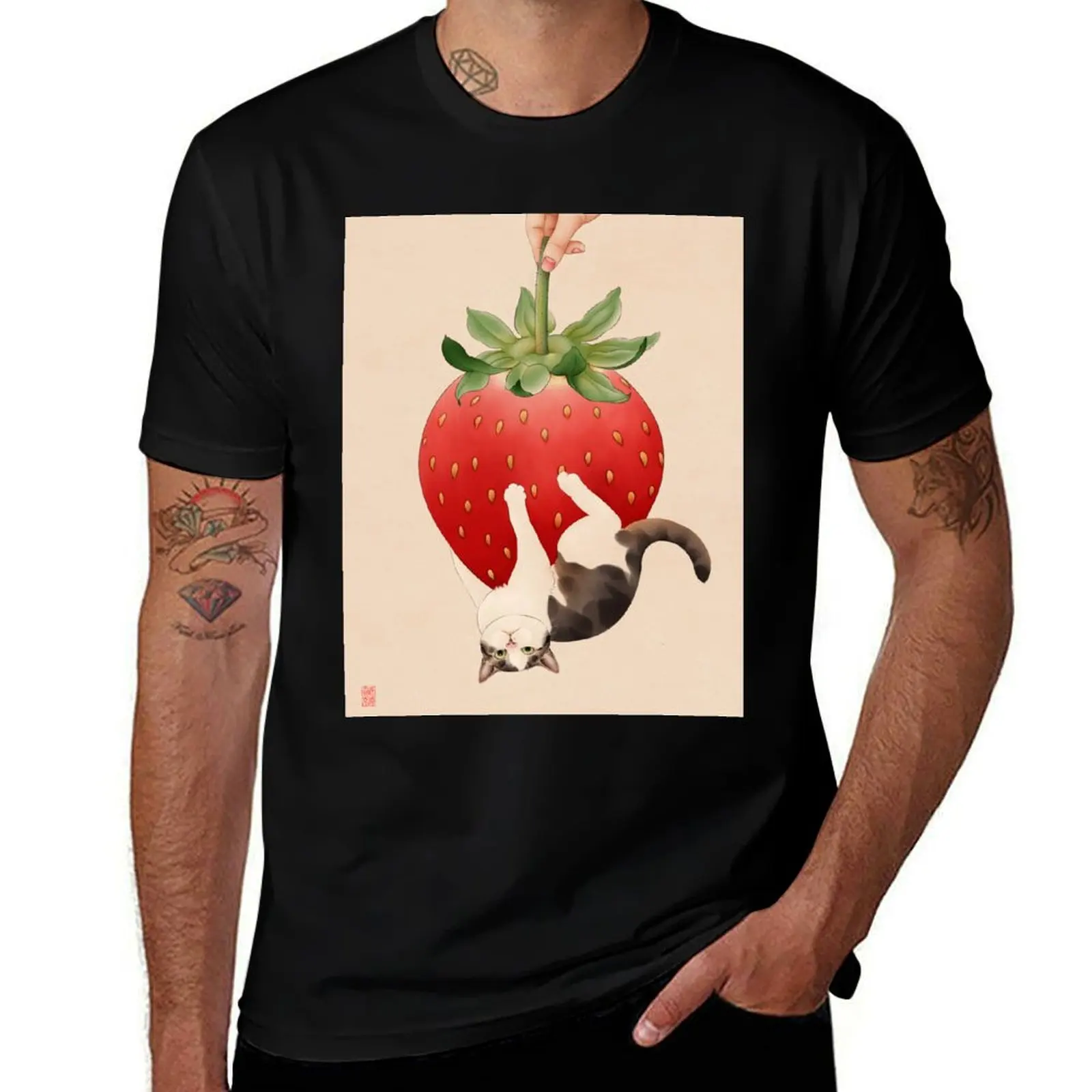 Cat Hanging Under Strawberry T-Shirt Daily Casual Short Sleeve Tee Shirt