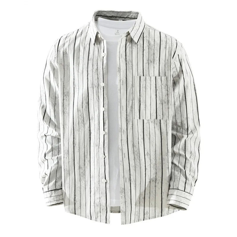 

Spring New Mens Striped Shirt Long Sleeve Japanese Fashion Men Clothing Lapel Printed Shirts with Pocket Comfort Pure Cotton Top