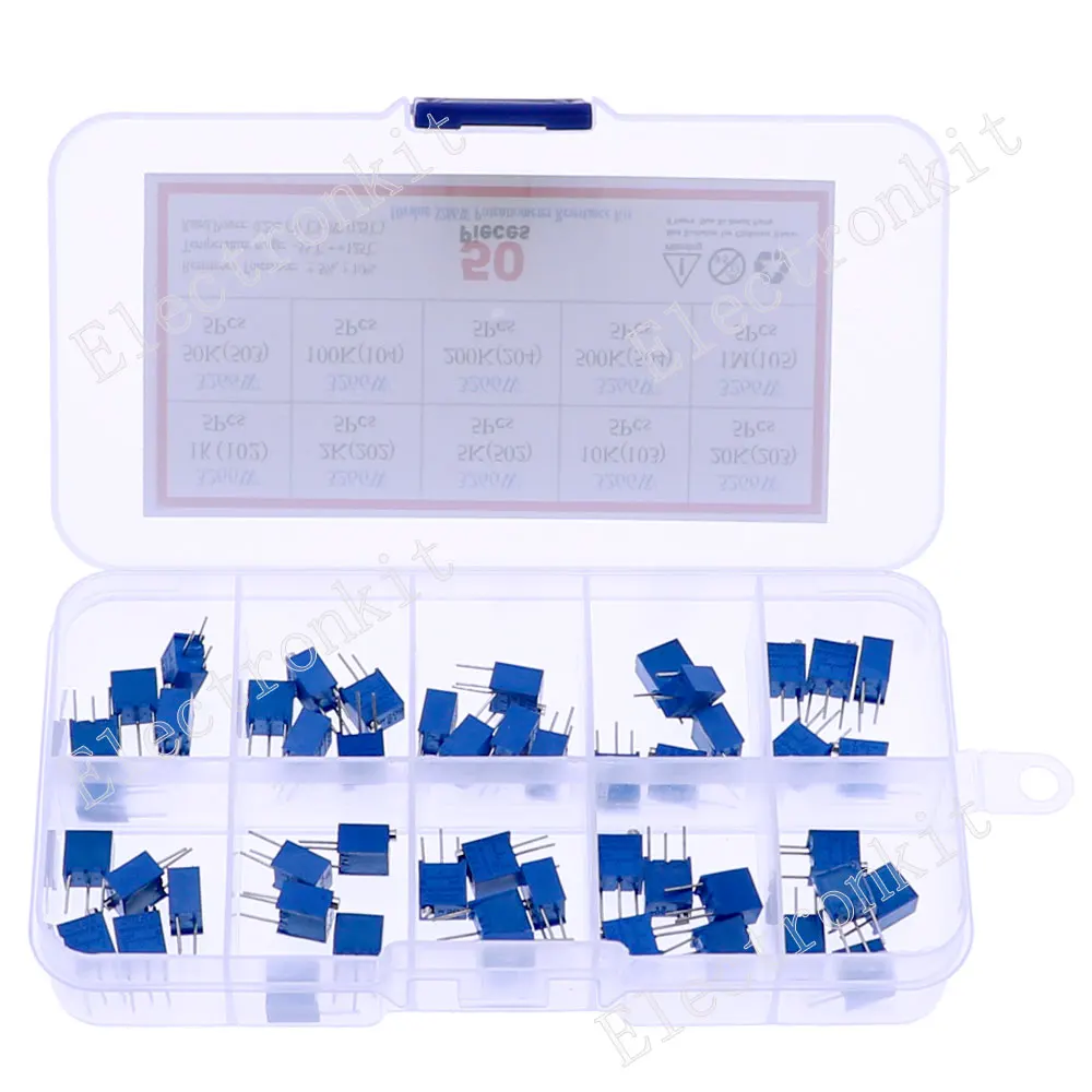 

50pcs/Box 3266W series multi-turn potentiometer 1K 2K 5K 10K 20K 50K 100K 200K 500K 1M Variable resistors kit set