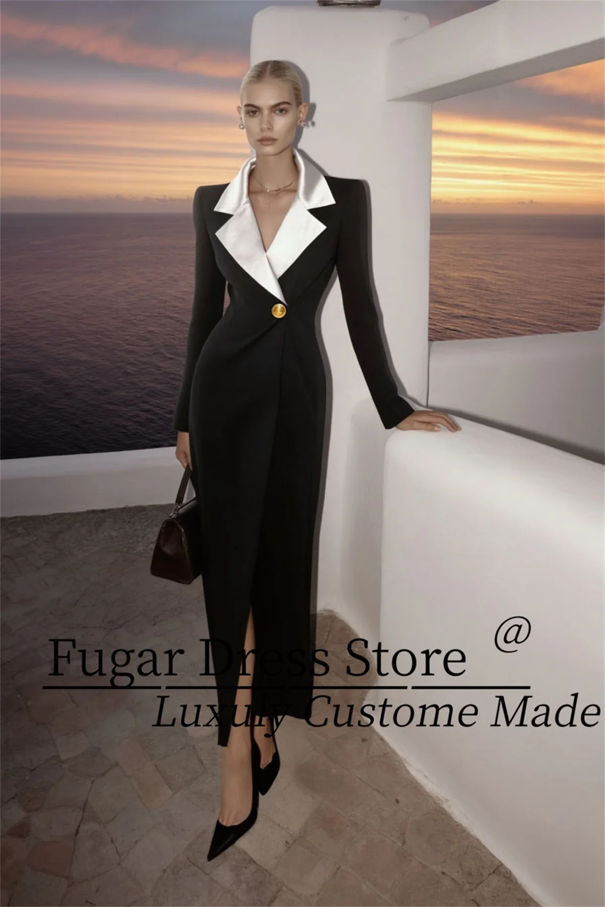 

TIANTIAN Customized Work Dress Black White Lapel Long Sleeve Maxi Dress Evening party dance dress vestidos de fiesta elegantes