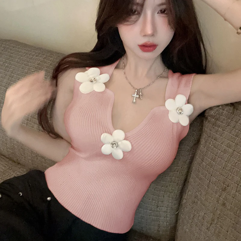 Korean 3D Floral Tank Top Women Deep V-Neck Sweet Summer Vacation Fashion Vest Solid Skinny Stretchy Harajuku Cropped Tops