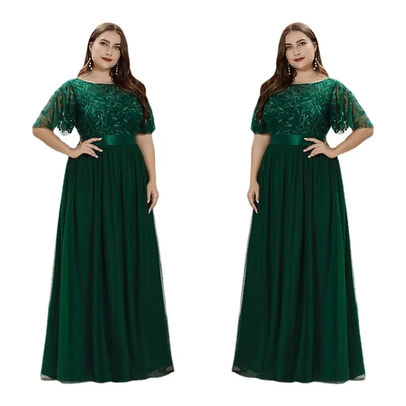 Abito lungo in tulle bordeaux taglie forti da donna con ricamo floreale, maniche corte a volant, cintura in vita, per matrimonio, sera o damigella d'onore