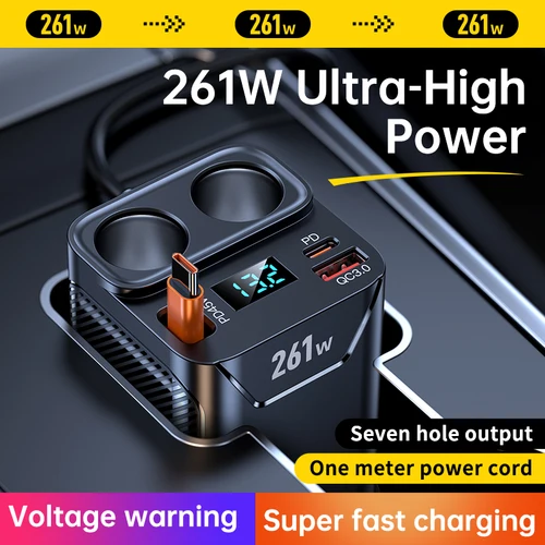 Adaptador de encendedor de cigarrillos 7 en 1, portavasos, adaptador de cargador de coche de 261W con carga PD45W, voltímetro LED de encendedor de cigarrillos de 24V/12V