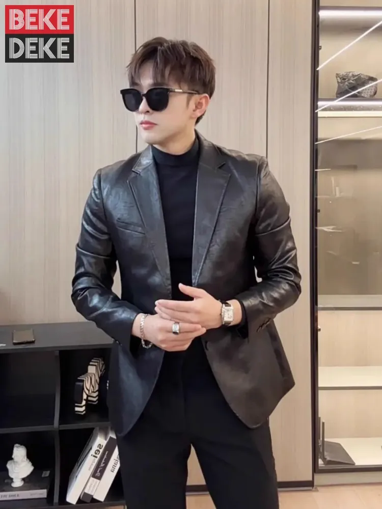 New Mens Single Breasted Faux Leather Suit Jacket Slim Fit Long Sleeve Casual Blazers Solid Color High Street Fashion Coat Male