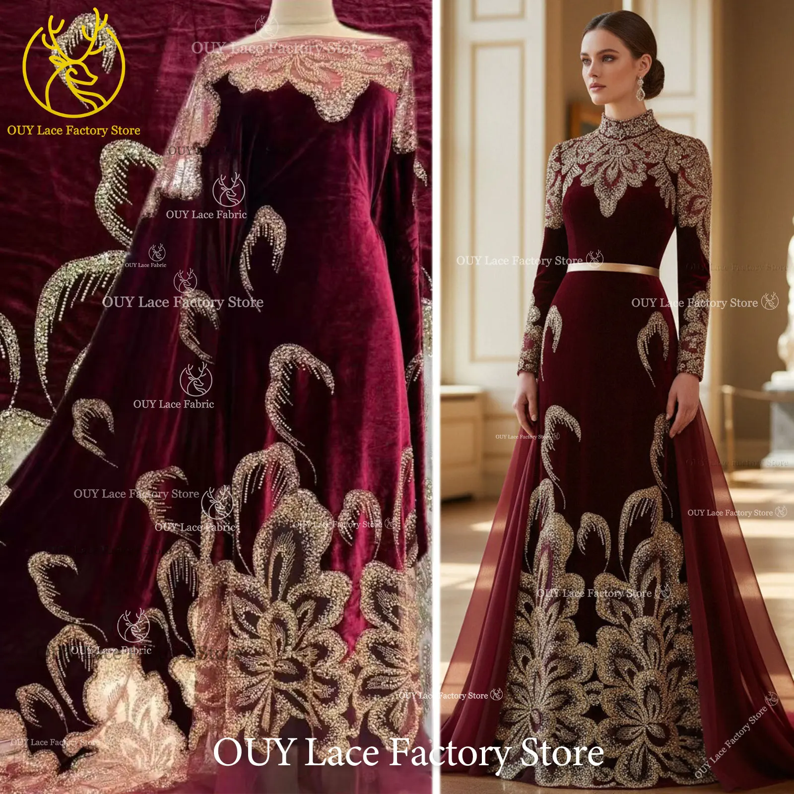 

Luxury African Velvet Gold Beaded Sequins Lace Fabric 5 Yards Wine Red Groom Embroidery French Tulle Lace For Women Party Dress