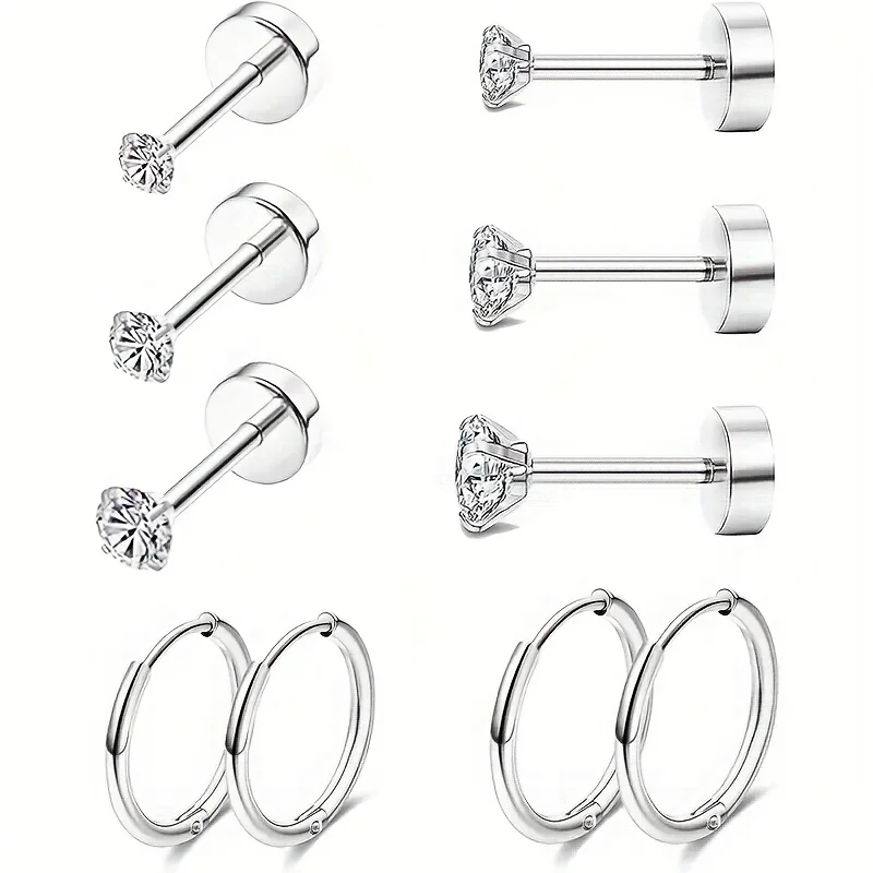 5 Pairs Earrings for Women Cartilage Earring Stacks Small Stainless Steel Earring Flat Back CZ Studs Sets for Multiple Piercing