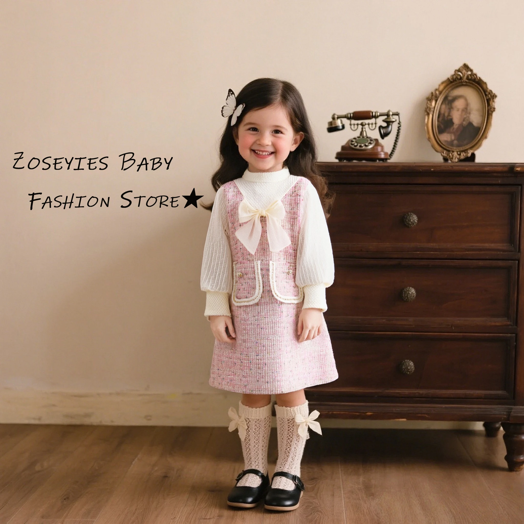 

Girls' Dress Spring And Autumn Season Bow Cute Mesh Long Sleeve Baby Girl Dress Cute Girls' Princess Dress Baby Girl Clothes